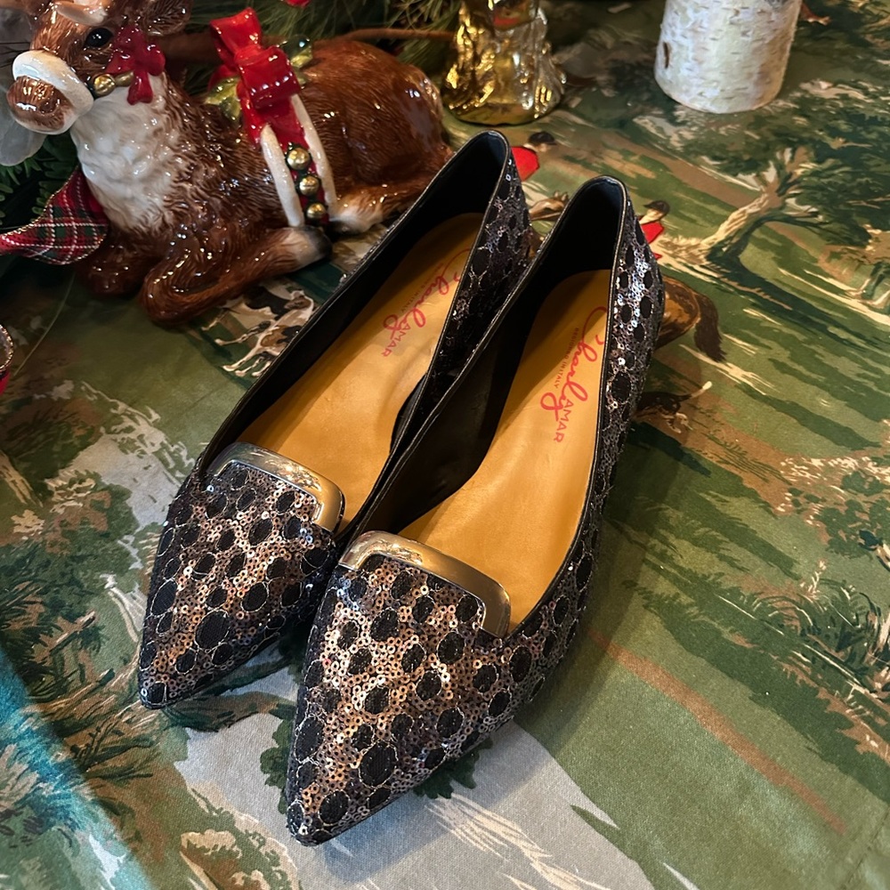 Charley Amar Italian-Made Sequin Pointed-Toe Flats w/ Silver Hardware